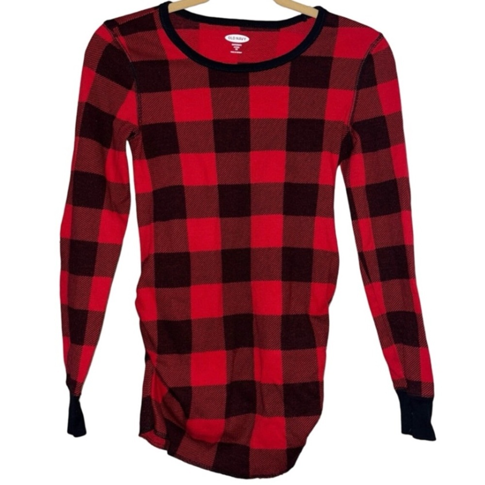 Old Navy Maternity Fitted Red Black Checkered Long Sleeve Thermal Crew Neck XS